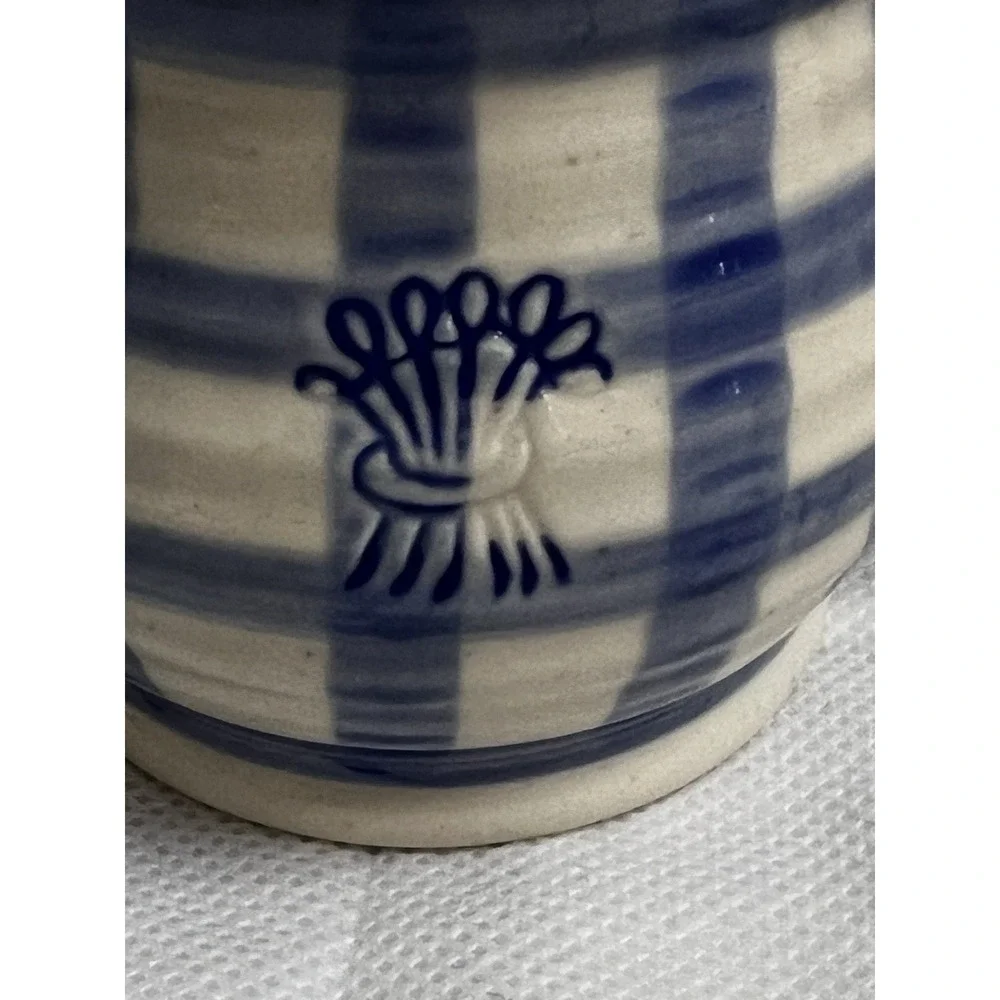 Vtg Cottagecore Blue Gingham Stoneware Cream Sugar Country Farmhouse Decor